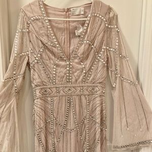 ASOS DESIGN gem embellished midi dress with cut out detail and slit sleeve-blush